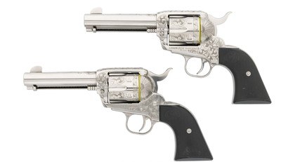 Matched Pair ofConsecutively Serialized Cased & Engraved Sturm Ruger Model New Vaquero Single Action Revolvers - 