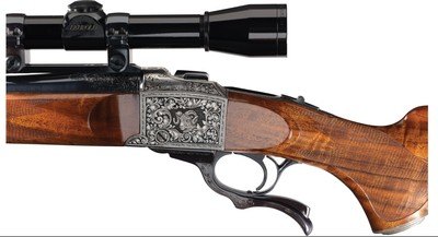 James B. Meek Signed and Master Game Scene Engraved Ruger No. 1-B Falling Block Single Shot Rifle with Scope In Caliber 22-250 Rem - Image 4 of 5