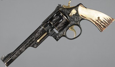 Jeff Flannery Signed, Engraved, and Gold Inlaid 357 Magnum Smith & Wesson Model 27-2 Double Action Revolver with Stag Grips - Image 1 of 7