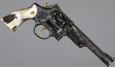 Jeff Flannery Signed, Engraved, and Gold Inlaid 357 Magnum Smith & Wesson Model 27-2 Double Action Revolver with Stag Grips - Image 4 of 7