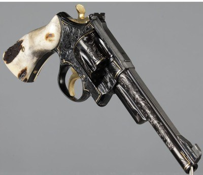 Jeff Flannery Signed, Engraved, and Gold Inlaid 357 Magnum Smith & Wesson Model 27-2 Double Action Revolver with Stag Grips - Image 5 of 7