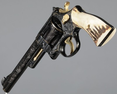 Jeff Flannery Signed, Engraved, and Gold Inlaid 357 Magnum Smith & Wesson Model 27-2 Double Action Revolver with Stag Grips - Image 2 of 7