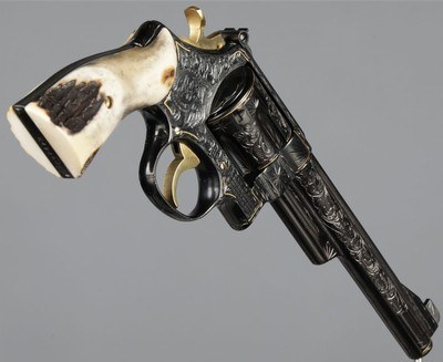 Jeff Flannery Signed, Engraved, and Gold Inlaid 357 Magnum Smith & Wesson Model 27-2 Double Action Revolver with Stag Grips - Image 3 of 7