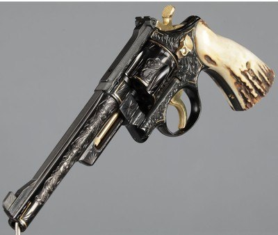 Jeff Flannery Signed, Engraved, and Gold Inlaid 357 Magnum Smith & Wesson Model 27-2 Double Action Revolver with Stag Grips - Image 6 of 7
