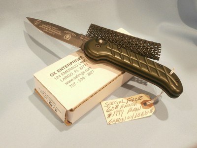 OX FORGE BLACK KNIFE BLK-95 US MILITARY NAVY SEAL BLACK KNIFE BLK-95 OX ENTERPRISES AUTOMATIC SPECIAL FORCES 60TH ANNIVERSARY GREEN GRIP RARE!