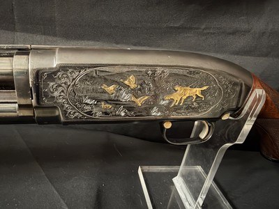 Winchester Model 12, Custom engraved in Angelo Bee Style., Many gold inlays and silver border.30 inch full.