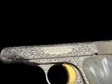 MINT CONDITION BELGIAN BROWNING MODEL 1910 RENAISSANCE .380 ACP FACTORY MASTER ENGRAVED, GOLD TRIGGER & PEARL GRIPS - 5 of 8