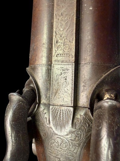 VERY FINE, ANTIQUE, W. MILLS IMPROVED MAKER LONDON DOUBLE BARREL BLACK POWDER SHOTGUN - Image 24 of 24
