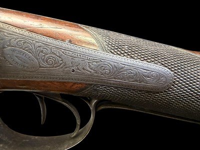 VERY FINE, ANTIQUE, W. MILLS IMPROVED MAKER LONDON DOUBLE BARREL BLACK POWDER SHOTGUN - Image 17 of 24