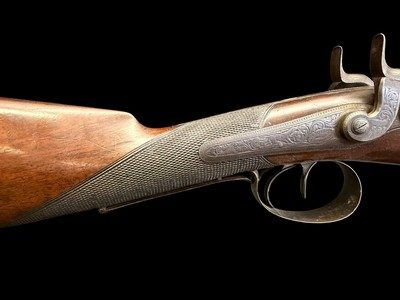 VERY FINE, ANTIQUE, W. MILLS IMPROVED MAKER LONDON DOUBLE BARREL BLACK POWDER SHOTGUN - Image 10 of 24