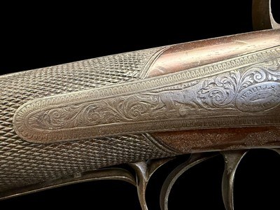 VERY FINE, ANTIQUE, W. MILLS IMPROVED MAKER LONDON DOUBLE BARREL BLACK POWDER SHOTGUN - Image 8 of 24