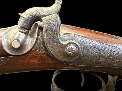 VERY FINE, ANTIQUE, W. MILLS IMPROVED MAKER LONDON DOUBLE BARREL BLACK POWDER SHOTGUN - Image 19 of 24