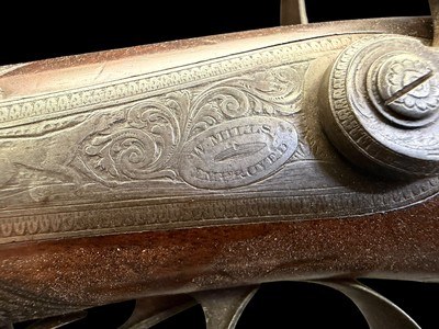 VERY FINE, ANTIQUE, W. MILLS IMPROVED MAKER LONDON DOUBLE BARREL BLACK POWDER SHOTGUN - Image 9 of 24