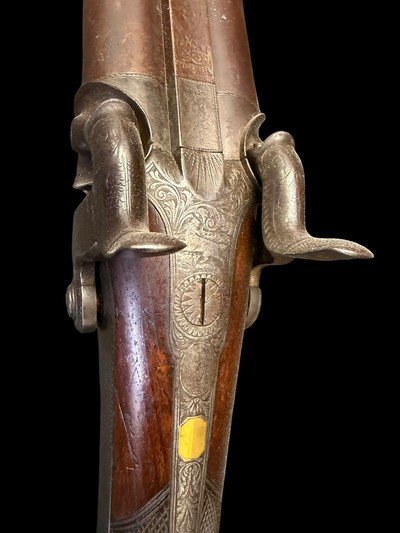 VERY FINE, ANTIQUE, W. MILLS IMPROVED MAKER LONDON DOUBLE BARREL BLACK POWDER SHOTGUN - Image 21 of 24