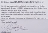 Jim Carmichel's Kimber of Oregon Model 84 .223 Remington, select claro, rosewood, solid provenance, .360 MOA target, 85 percent, layaway - 9 of 9