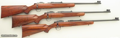 Kimber of Oregon Model 82 SuperAmerica same-serialed trio in .22 LR, .22 Magnum & .22 Hornet, quarter rib, AAA-claro, unfired, layaway