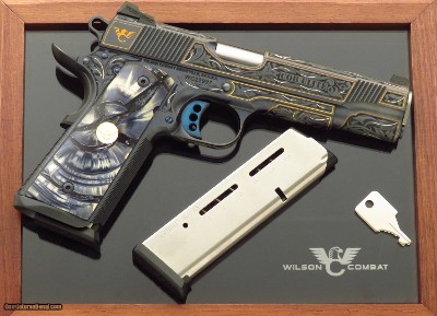 Custom Wilson Combat CQB Elite .45 ACP, 2018, Jere Davidson engraving, crosscut mammoth, presentation box, unfired, layaway