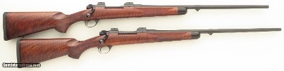 Matched pair of custom Winchester pre-64 Model 70s in .270 and .30-06 by Jim Dubell, AAA walnut, banded, skeleton, Conetrol, 7.4 pounds, layaway