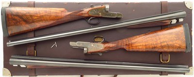 R.G. Owen 12 gauge SLE pair, 1929, outstanding engraving, 30-inch, 2.75, 14.6 LOP, 7.2 pounds, IC/M & M/F, cased, layaway