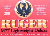 Ruger 77 Mark II Lightweight Deluxe .308 Winchester, 2007 Talo limited edition of 200, Circassian, box, likely unfired, layaway - 13 of 14 Ruger 77 Mark II Lightweight Deluxe .308 Winchester, 2007 Talo limited edition of 200, Circassian, box, likely unfired, layaway - 13 of 14