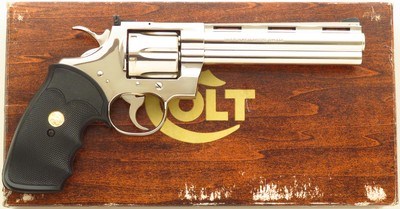 Colt Python .357 Magnum, 1977, six inch, nickel, box, 99 percent, layaway
