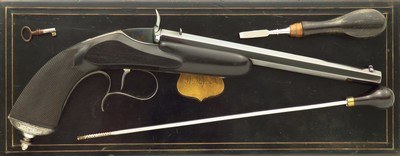 Gastinne Renette .22 BB parlor pistol, ebony stock, octagon, Flobert action, cased, engraved, high condition, layaway