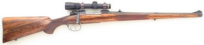 Custom Mauser 98 7x57, full stock, engraved, skeleton grip and butt, set triggers, Leupold, Kimber mounts, 7.8 pounds, 14.0 LOP, 95%, layaway