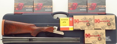 Merkel 140A .470 NE double rifle, ejectors, cocking indicators, scalloped boxlock, articulated, 145 rounds factory, cased, 99 percent, layaway