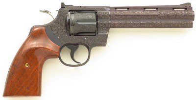 Custom Colt Python .357 Magnum, 1964, Ogawa engraving, rust blue, six-inch, 98 percent, layaway