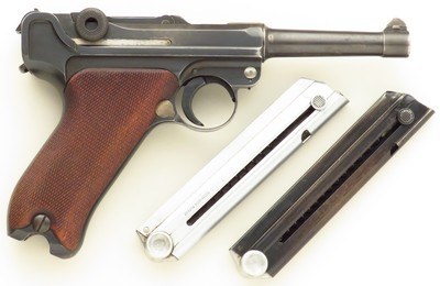 Commercial Luger 9mm, 5x matching serial including magazine, four-inch barrel, layaway