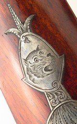 Lang percussion rifle, serial 189, game scene engraving, cased, Damascus, .524-inch land diameter, folding leafs, circa 1845, great bore, layaway - 12 of 15