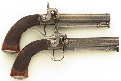 Field & Langstroh pair percussion belt pistols, Damascus .530-inch bore diameters, layaway