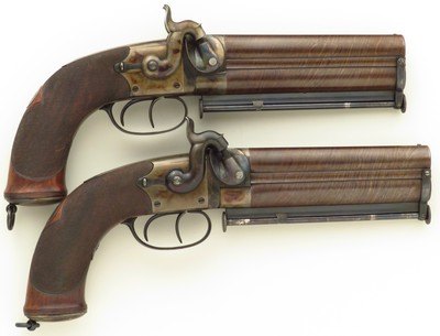 Westley Richards pair percussion belt pistols, 655-inch bore diameters, safeties, lanyard rings, layaway