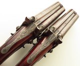 Double set of Lang (London) percussion pistols, two .540 carriage and two .455 turn-barrels, cased with accessories, layaway - 5 of 15