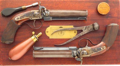 Bond (London) pair .65 caliber percussion belt pistols, octagon, engraved, cased, layaway