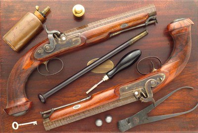 Westley Richards pair percussion pistols, .663-inch bores, Damascus smooth bores, cased, layaway