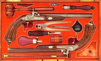 Game scene engraved pair of percussion target pistols, .495-inch bore diameter, high condition, cased, layaway