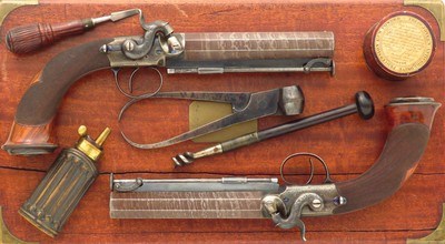 Pritchard pair percussion belt pistols, .670 bore diameter, octagon, cased, layaway