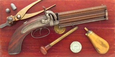 Reilly (London) percussion belt pistol, Damascus, .590-inch bore diameter, cased, layaway