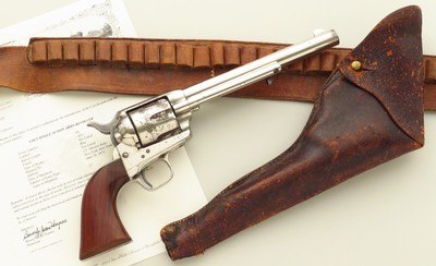 First year Colt Single Action Army Pinch Frame serial 85 (5x), nickel, Burdick note, leather, interesting family history