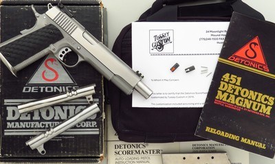 Terry Tussey custom Detonics ScoreMaster .451 Detonics Magnum, two extra .45 ACP barrels, quantity of ammo and brass, provenance, box, 95%, layaway - Image 1 of 12
