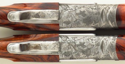 Famars Excalibur BLX 20 pair, 1999, 29.25-inch, tubes, 3-inch, ejectors, extra detachable triggers, engraved, 14.65 LOP, high condition, case, layaway - Image 9 of 15