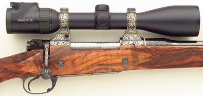 Bolliger / Mountain Riflery Best Grade .338 Rem. Ultra Mag, Winchester 70 CRF, Dubber engraving, AAA English, Swarovski, cased, ammo, 98%, layaway - Image 6 of 15
