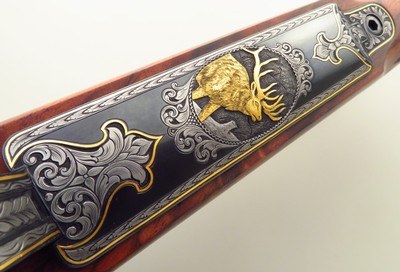 Bolliger / Mountain Riflery Best Grade .338 Rem. Ultra Mag, Winchester 70 CRF, Dubber engraving, AAA English, Swarovski, cased, ammo, 98%, layaway - Image 9 of 15