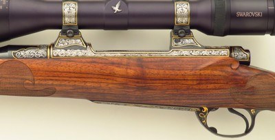 Bolliger / Mountain Riflery Best Grade .280 Remington, Winchester 70 CRF, Blackburn, AAA English, Dubber game scene, Swarovski, ammo, 95%, layaway - Image 6 of 15