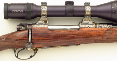 Bolliger / Mountain Riflery Best Grade .280 Remington, Winchester 70 CRF, Blackburn, AAA English, Dubber game scene, Swarovski, ammo, 95%, layaway - Image 5 of 15