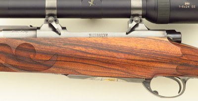 Bolliger / Mountain Riflery Crown Grade .450 Ackley Magnum, Winchester CRF, quarter rib, 4+1, AAA English, Lisa Tomlin game scene, optic, 97%, layaway - Image 6 of 15
