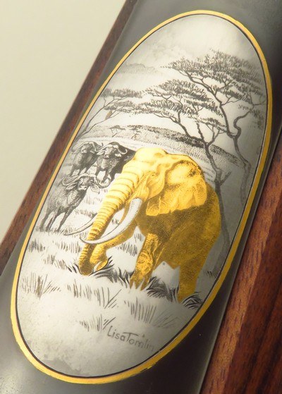 Bolliger / Mountain Riflery Crown Grade .450 Ackley Magnum, Winchester CRF, quarter rib, 4+1, AAA English, Lisa Tomlin game scene, optic, 97%, layaway - Image 8 of 15