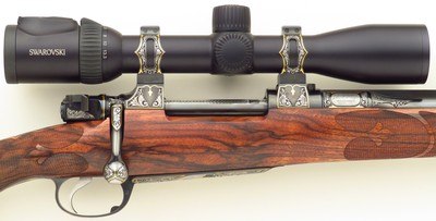 Bolliger / Mountain Riflery Best Grade .375 H&H Magnum, squarebridged Mauser 98, quarter rib, AAA English, Lisa Tomlin game scene, Swarovski, layaway - Image 5 of 15