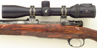 Bolliger / Mountain Riflery Best Grade .375 H&H Magnum, squarebridged Mauser 98, quarter rib, AAA English, Lisa Tomlin game scene, Swarovski, layaway - Image 6 of 15